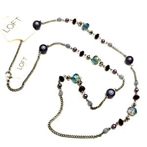 LOFT Blue Purple Beaded Crystal Silver Tone Necklace NWT